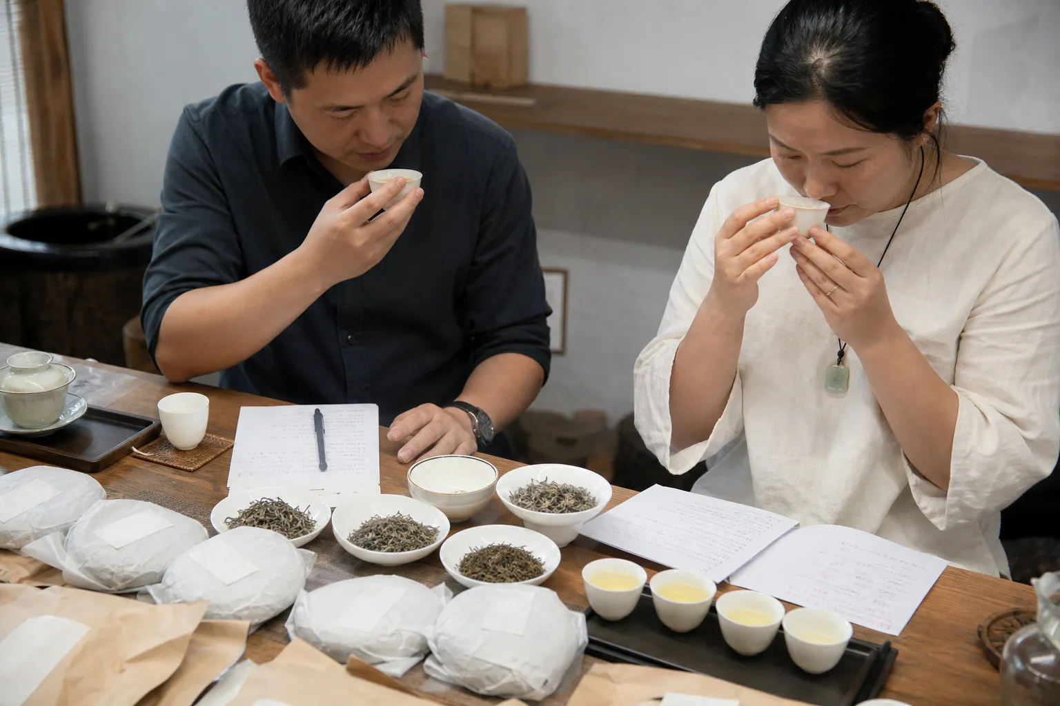 Hands reviewing white tea leaf samples, brewing notes, and pale liquor cups for an editorial comparison