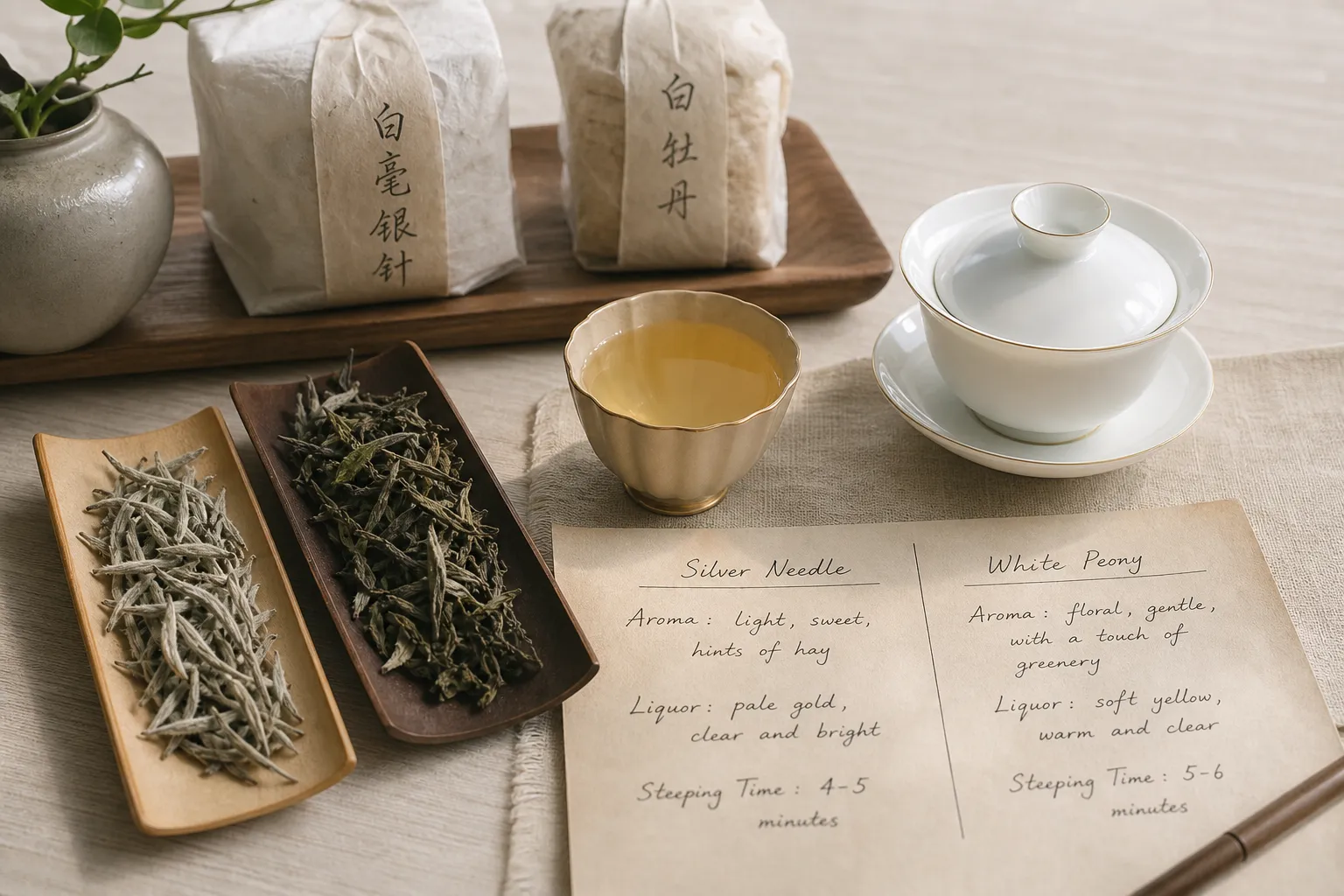 White tea leaves, a pale infusion cup, and handwritten tasting notes used for non-diagnostic observation