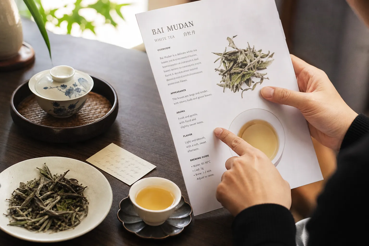 A reader comparing a white tea guide page with loose leaves, a gaiwan, and a small note card for the next question