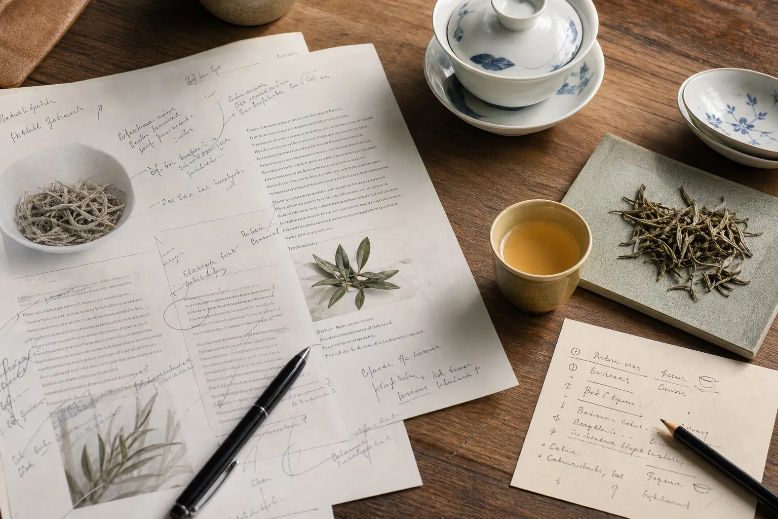 Annotated white tea draft notes with leaf samples and brewing parameters used for editorial checking